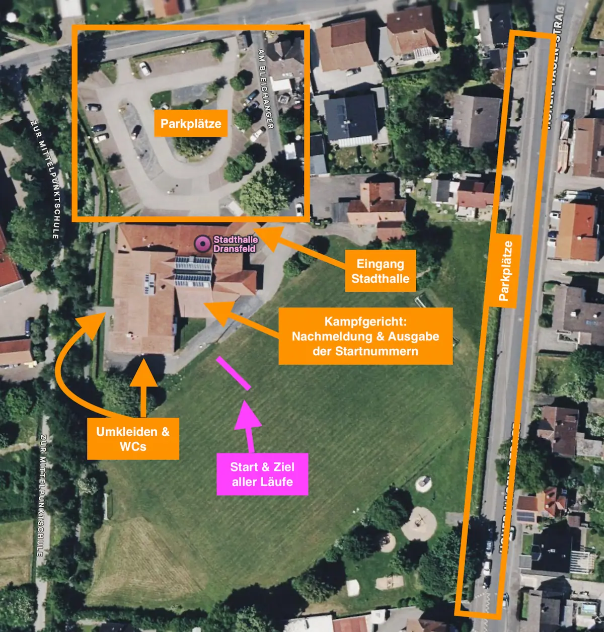 Lageplan vom Sportplatz Am Bleichanger mit Start und Ziel, Parkplätzen, Wettkampfzentrum in der Stadthalle, Umkleiden, WCs und Verpflegung