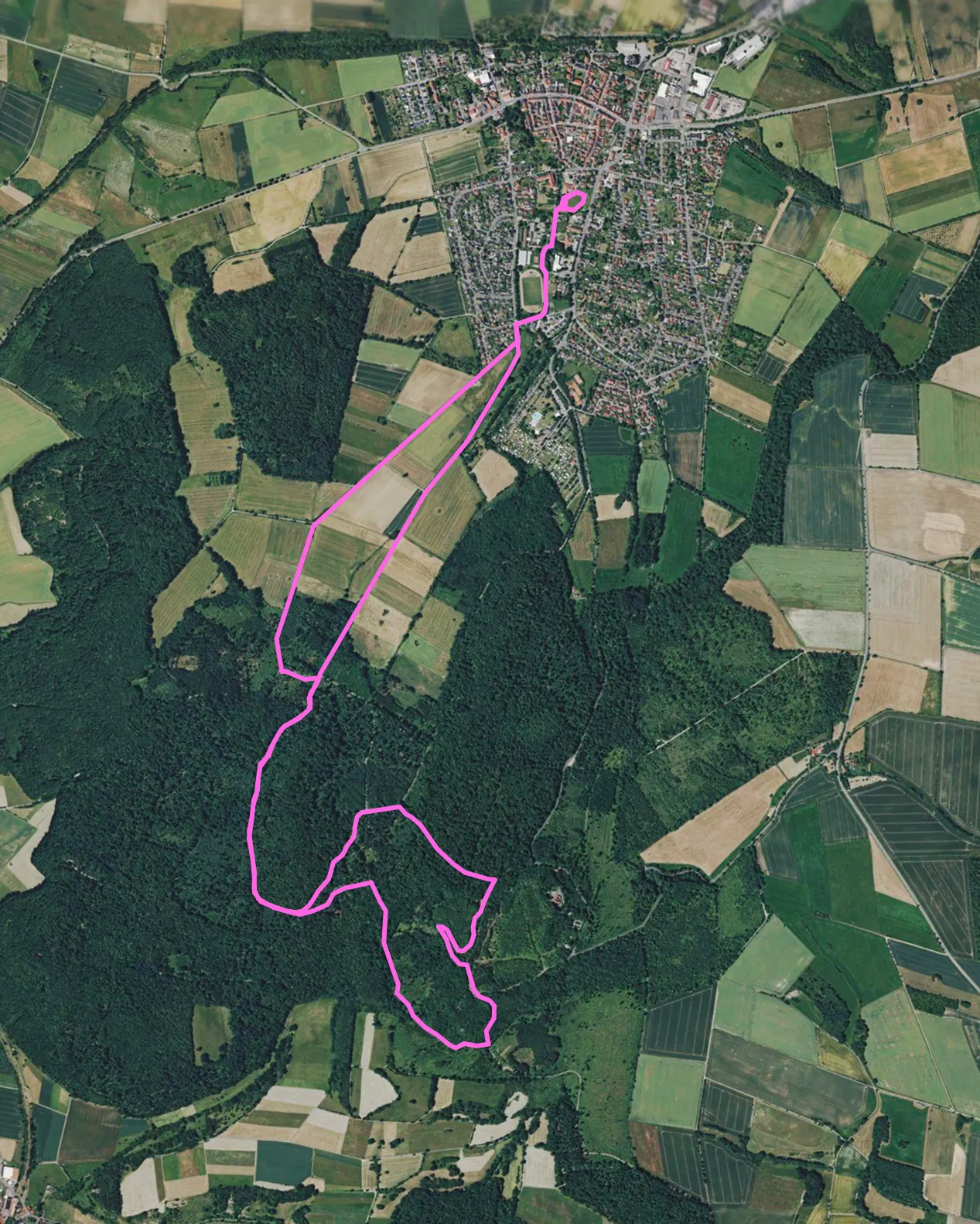 Satellitenbild von Dransfeld und dem Hohen Hagen mit dem pink eingezeichneten Verlauf der 10-Kilometer-Strecke